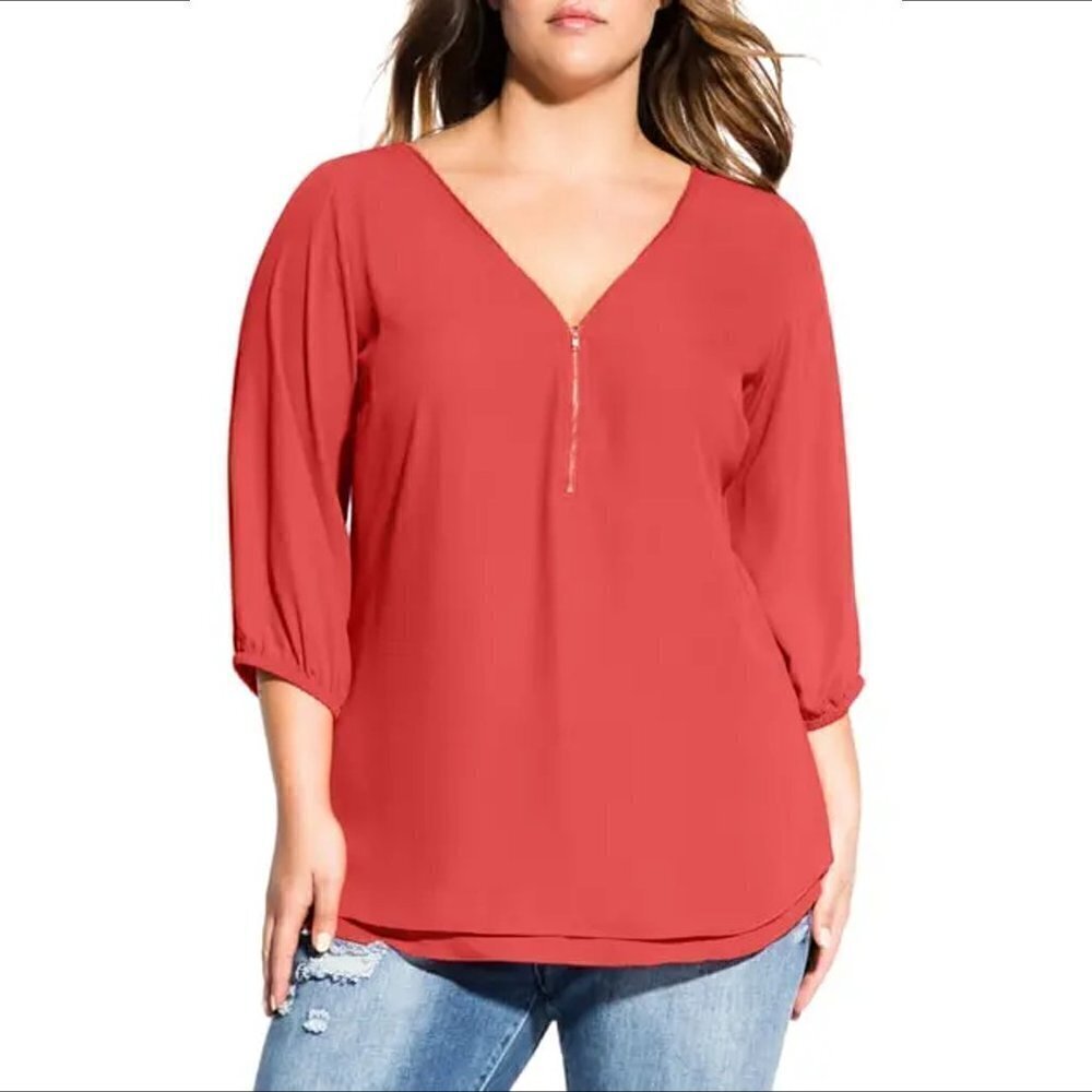 City Chic Sexy Fling top blouse shirt cumin rust orange chiffon zipper XL 22